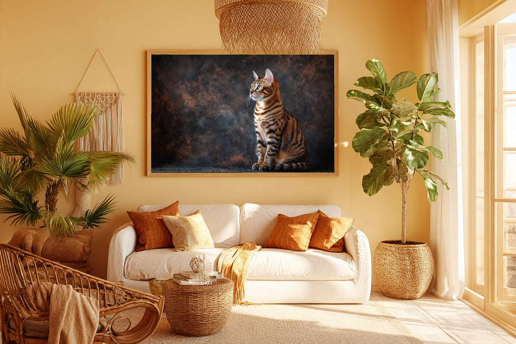 Heartfelt Cat Portrait Bengal — Soulful Painterly Wall Art, Warm Living Room Decor, Stretched Canvas, Ready to Hang — cat-portrait-bengal-room-5-wall-art.jpg
