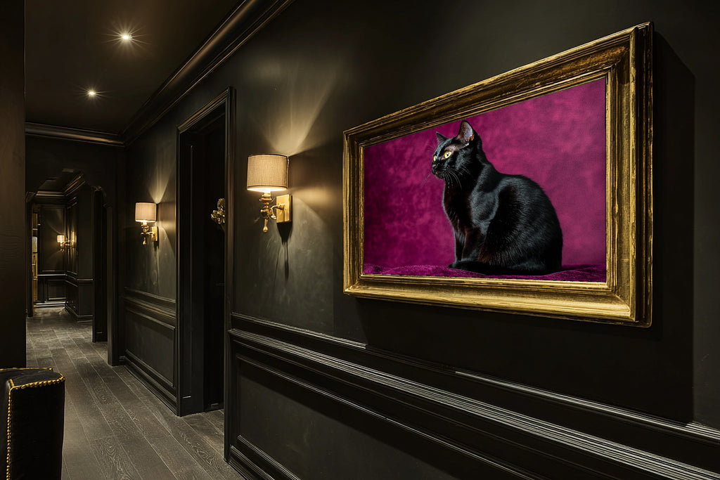 A Dreamy Cat Portrait Black Cat Tender Oil-Painting Print — Heartfelt Wall Art for the Living Room, Giclée on Canvas — cat-portrait-black-cat-hallway-wall-art.jpg