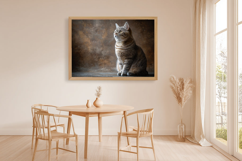 Cat Portrait British Shorthair Print on Stretched Canvas — Warm Soulful Painterly for the Living Room, Gift for the Pet Lover in Your Life — cat-portrait-british-shorthair-dining-room-wall-art.jpg