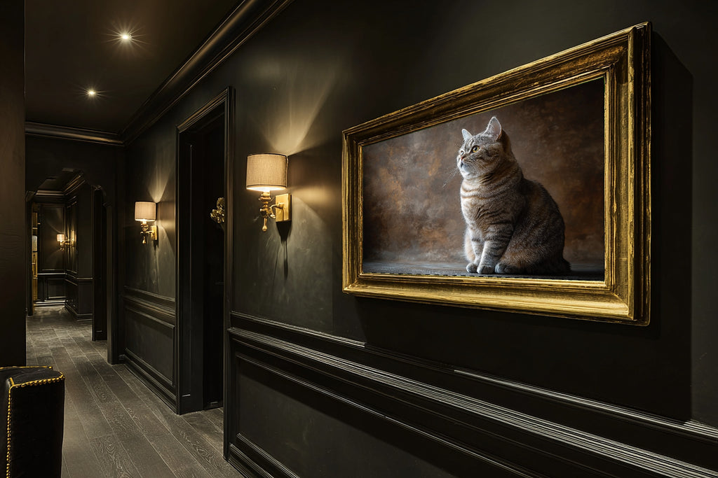 Cat Portrait British Shorthair Print on Stretched Canvas — Warm Soulful Painterly for the Living Room, Gift for the Pet Lover in Your Life — cat-portrait-british-shorthair-hallway-wall-art.jpg
