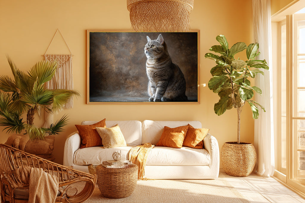 Cat Portrait British Shorthair Print on Stretched Canvas — Warm Soulful Painterly for the Living Room, Gift for the Pet Lover in Your Life — cat-portrait-british-shorthair-room-5-wall-art.jpg