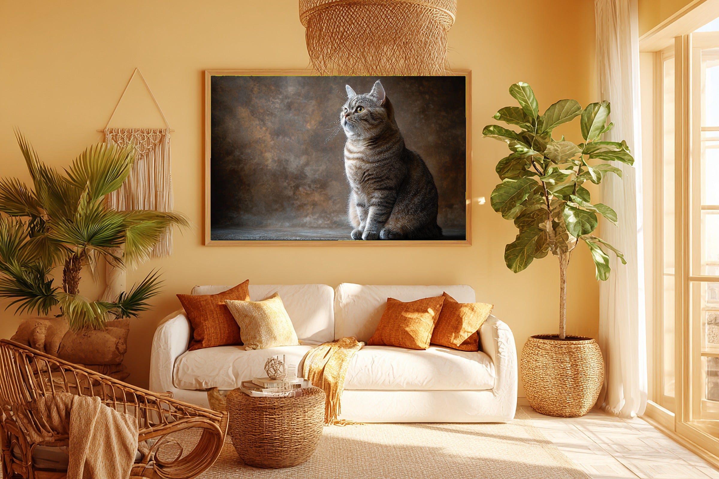 Cat Portrait British Shorthair Print on Stretched Canvas — Warm Soulful Painterly for the Living Room, Gift for the Pet Lover in Your Life — cat-portrait-british-shorthair-room-5-wall-art.jpg