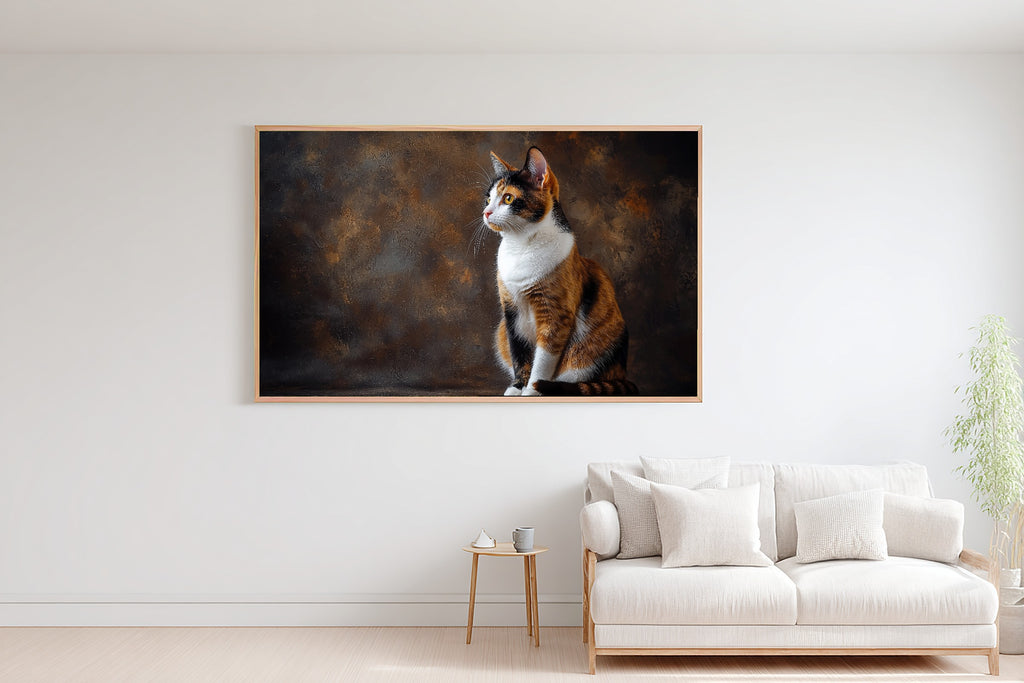 Cat Portrait Calico Print on Stretched Canvas — Soulful Heartfelt Pet for the Living Room, Gift for the Pet Lover in Your Life — cat-portrait-calico-bedroom-wall-art.jpg