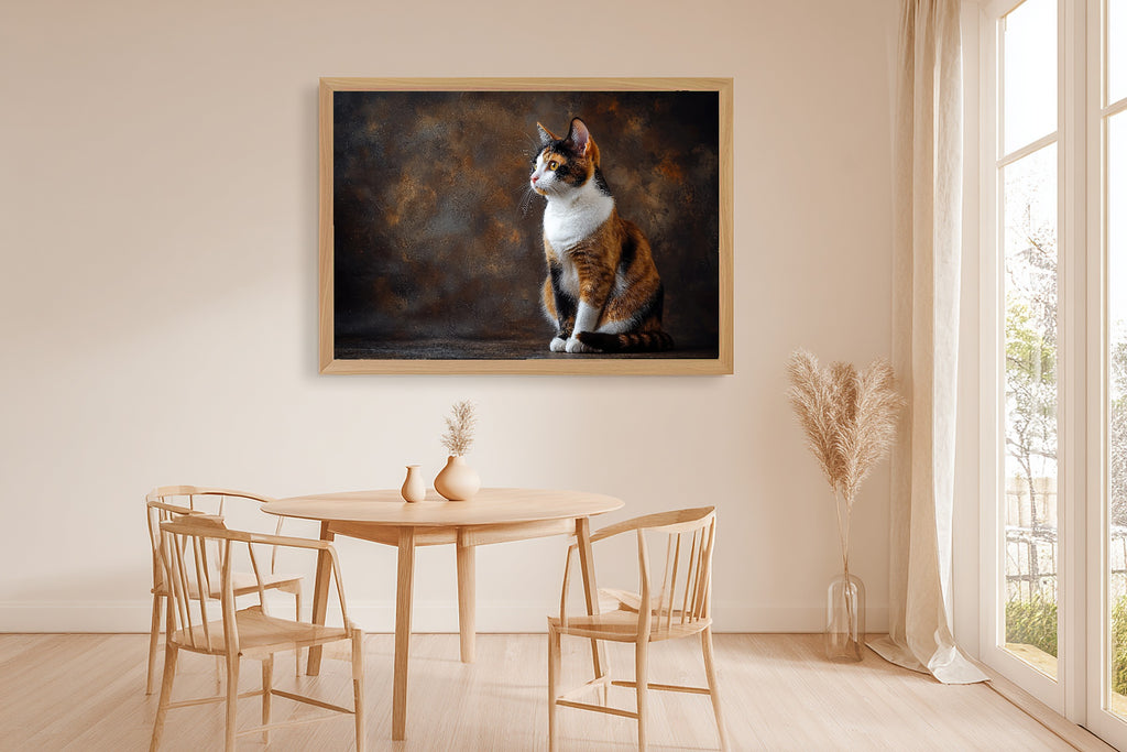 Cat Portrait Calico Print on Stretched Canvas — Soulful Heartfelt Pet for the Living Room, Gift for the Pet Lover in Your Life — cat-portrait-calico-dining-room-wall-art.jpg