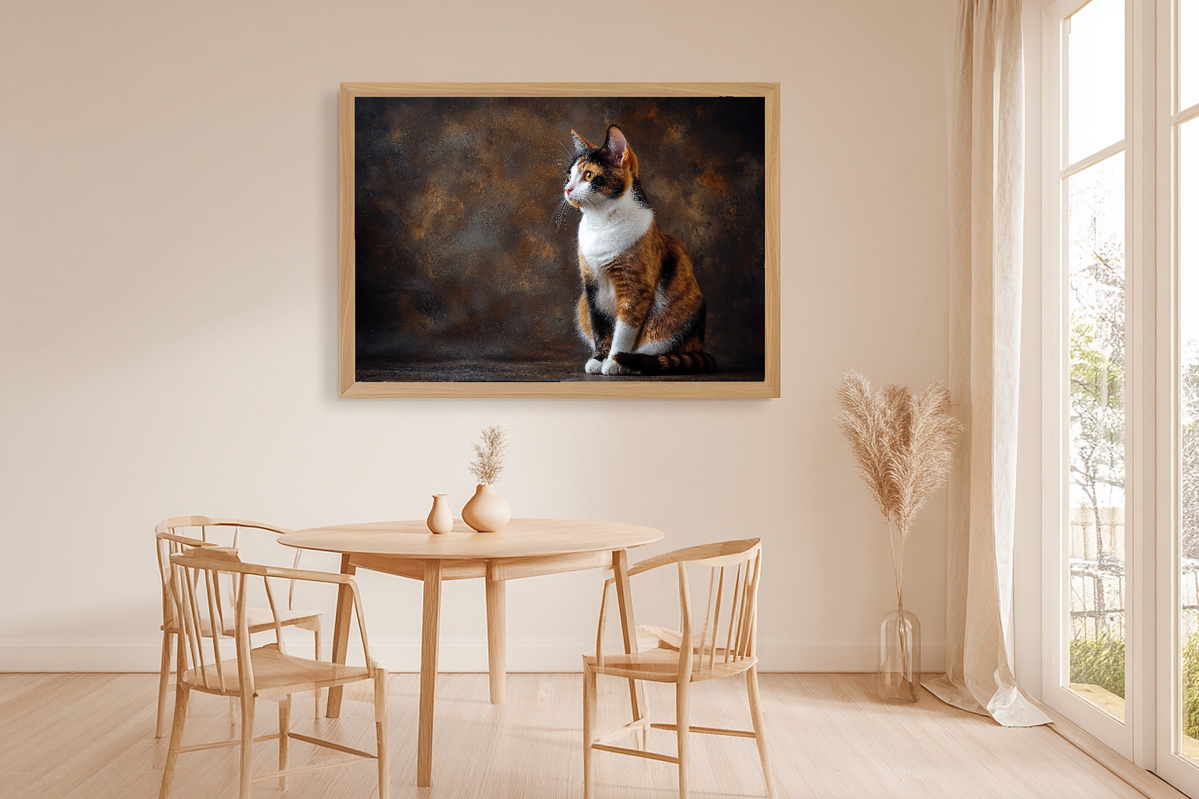Cat Portrait Calico Print on Stretched Canvas — Soulful Heartfelt Pet for the Living Room, Gift for the Pet Lover in Your Life — cat-portrait-calico-dining-room-wall-art.jpg