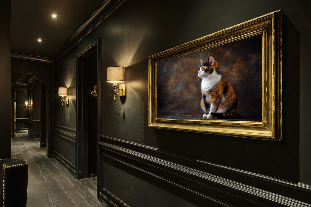 Cat Portrait Calico Print on Stretched Canvas — Soulful Heartfelt Pet for the Living Room, Gift for the Pet Lover in Your Life — cat-portrait-calico-hallway-wall-art.jpg