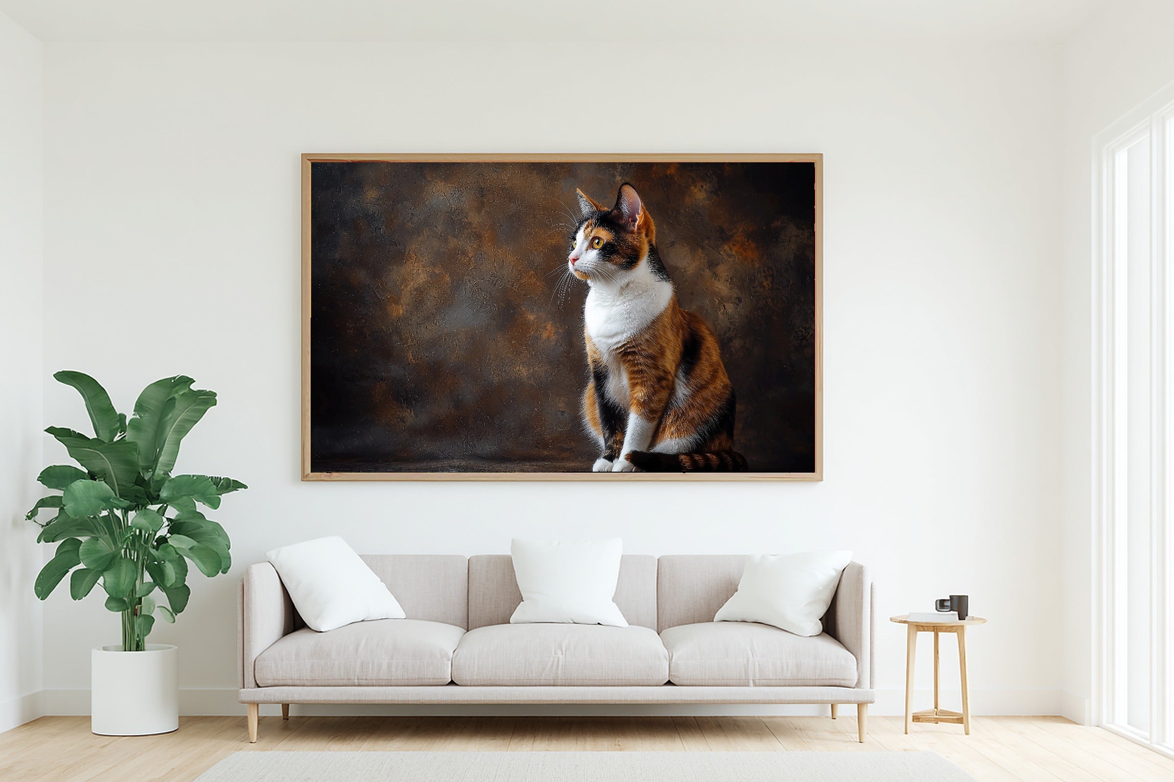 Cat Portrait Calico Print on Stretched Canvas — Soulful Heartfelt Pet for the Living Room, Gift for the Pet Lover in Your Life — cat-portrait-calico-living-room-wall-art.jpg