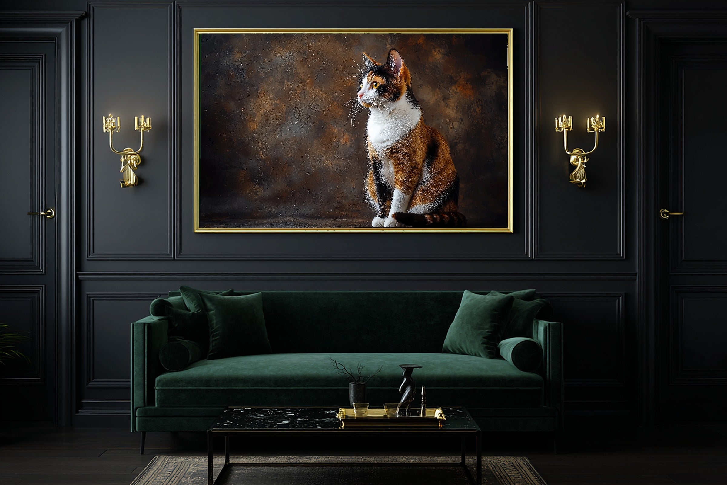 Cat Portrait Calico Print on Stretched Canvas — Soulful Heartfelt Pet for the Living Room, Gift for the Pet Lover in Your Life — cat-portrait-calico-office-wall-art.jpg