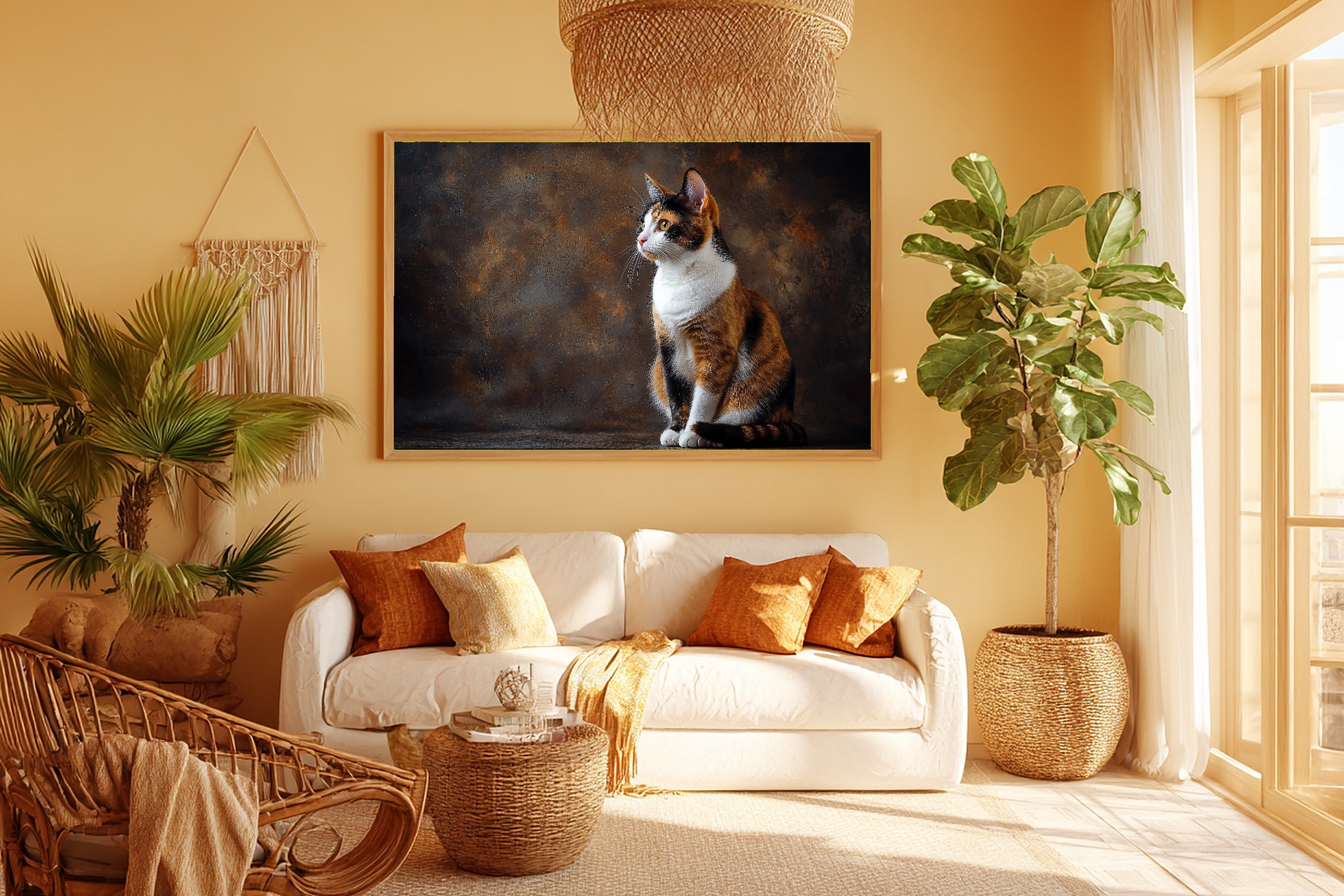 Cat Portrait Calico Print on Stretched Canvas — Soulful Heartfelt Pet for the Living Room, Gift for the Pet Lover in Your Life — cat-portrait-calico-room-5-wall-art.jpg