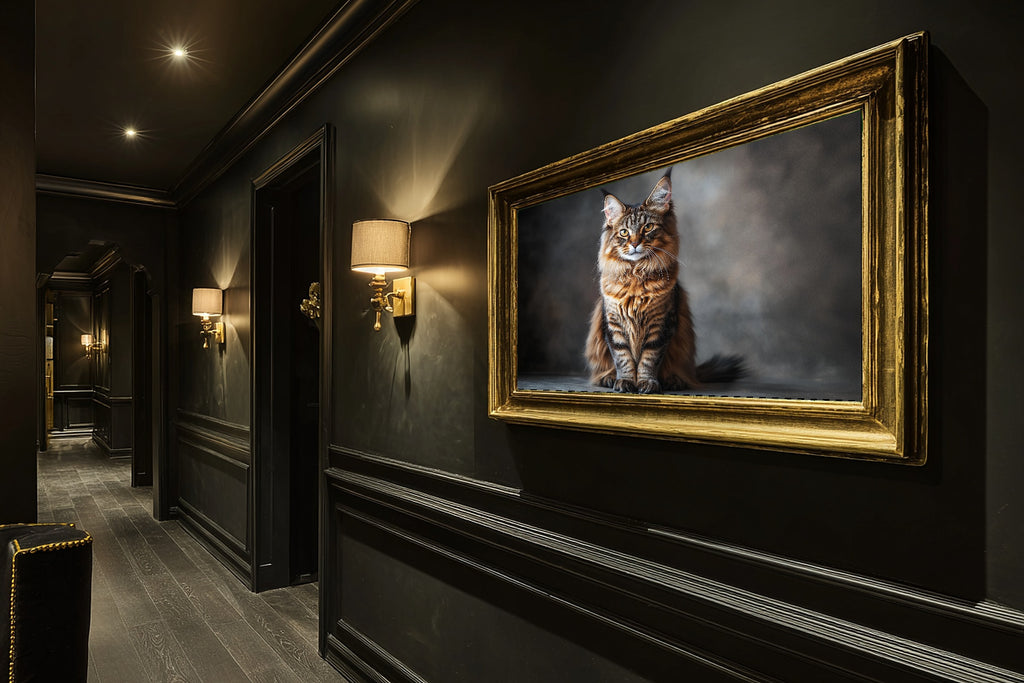 Soulful Painterly Cat Portrait Maine Coon Canvas Wall Art — Heartfelt Print for the Living Room — cat-portrait-maine-coon-hallway-wall-art.jpg