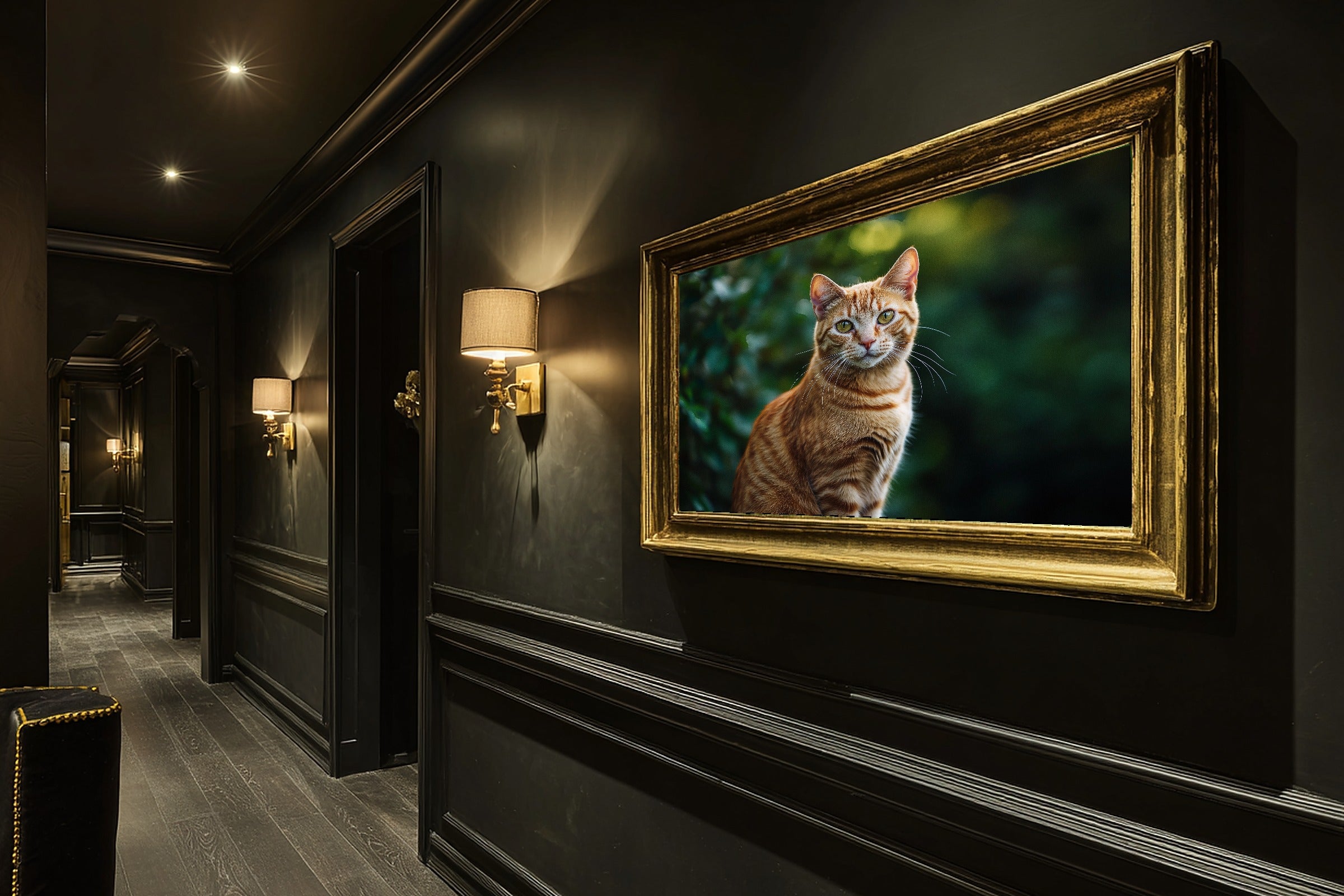 A Dreamy Cat Portrait Orange Tabby Heartfelt Pet Print — Dreamy Wall Art for the Living Room, Giclée on Canvas — cat-portrait-orange-tabby-hallway-wall-art.jpg