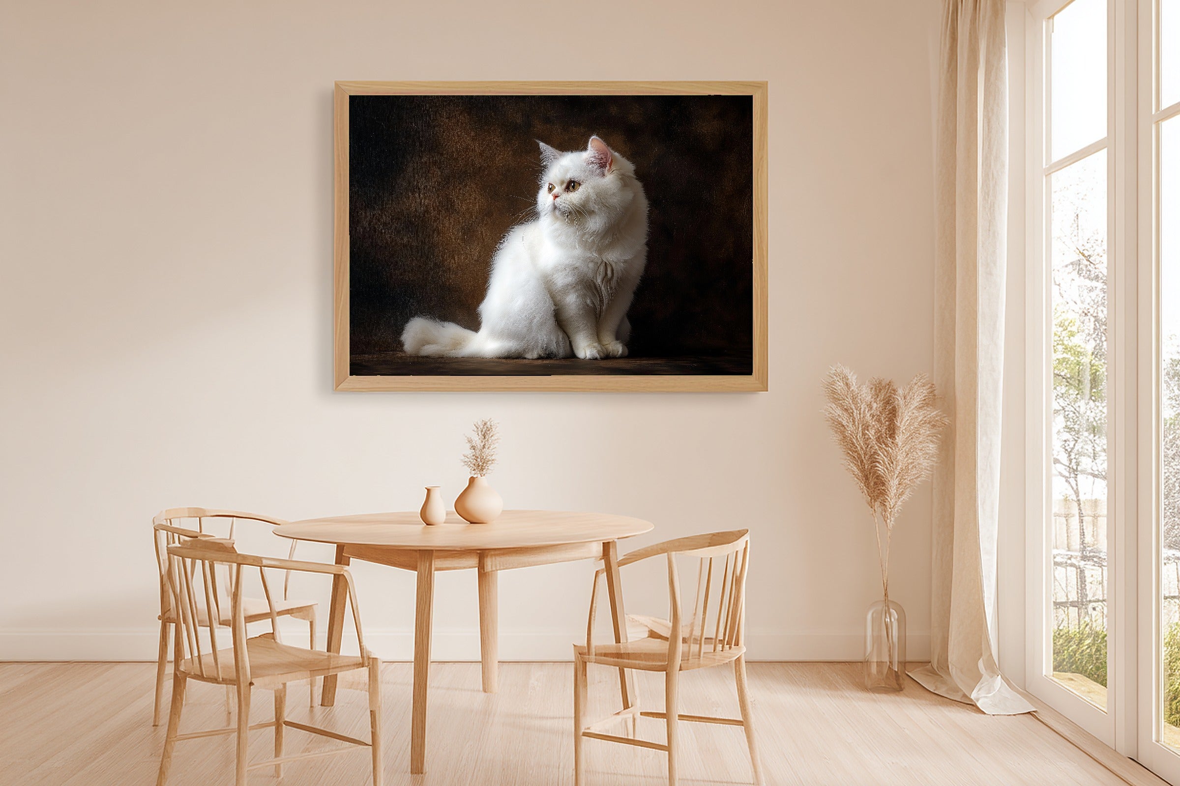 A Dreamy Cat Portrait Persian White Tender Oil-Painting Print — Warm Wall Art for the Living Room, Giclée on Canvas — cat-portrait-persian-white-dining-room-wall-art.jpg