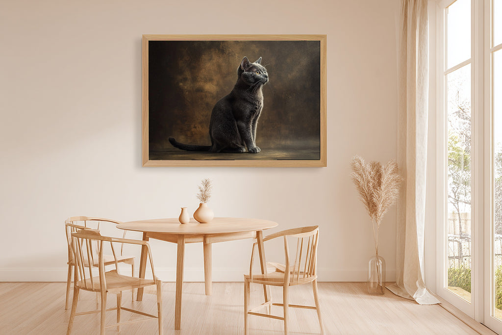 Heartfelt Pet Cat Portrait Russian Blue Art Print — Painterly Decor for the Living Room — cat-portrait-russian-blue-dining-room-wall-art.jpg