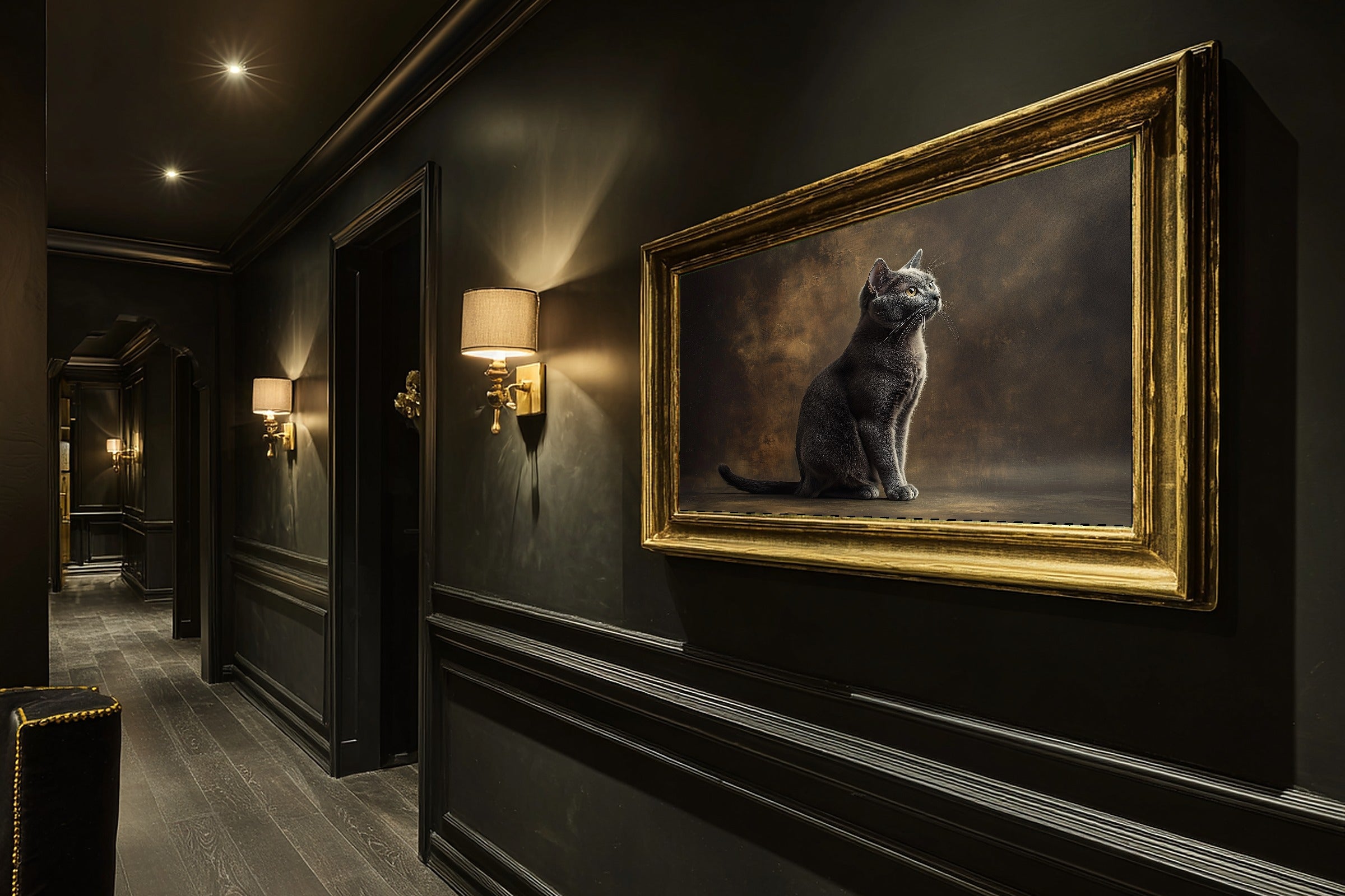 Heartfelt Pet Cat Portrait Russian Blue Art Print — Painterly Decor for the Living Room — cat-portrait-russian-blue-hallway-wall-art.jpg