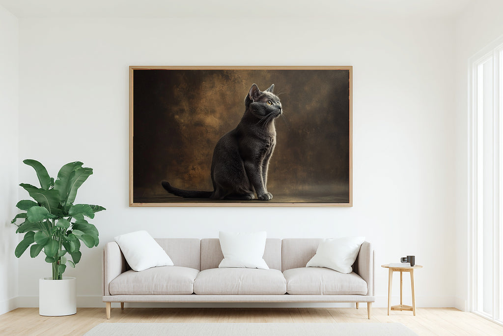 Heartfelt Pet Cat Portrait Russian Blue Art Print — Painterly Decor for the Living Room — cat-portrait-russian-blue-living-room-wall-art.jpg