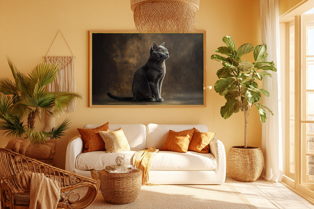 Heartfelt Pet Cat Portrait Russian Blue Art Print — Painterly Decor for the Living Room — cat-portrait-russian-blue-room-5-wall-art.jpg