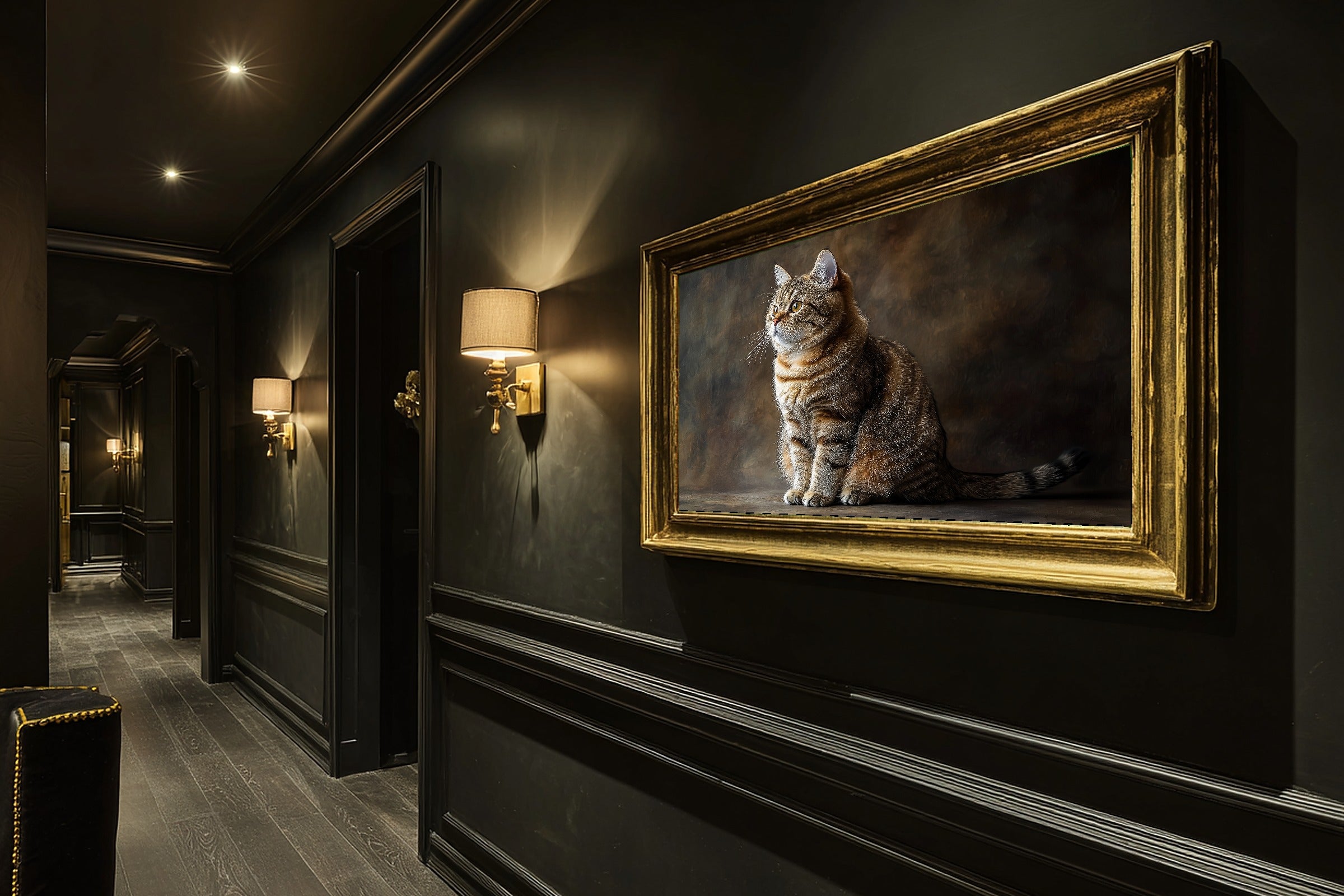 A Dreamy Cat Portrait Scottish Fold Heartfelt Pet Print — Dreamy Wall Art for the Living Room, Giclée on Canvas — cat-portrait-scottish-fold-hallway-wall-art.jpg