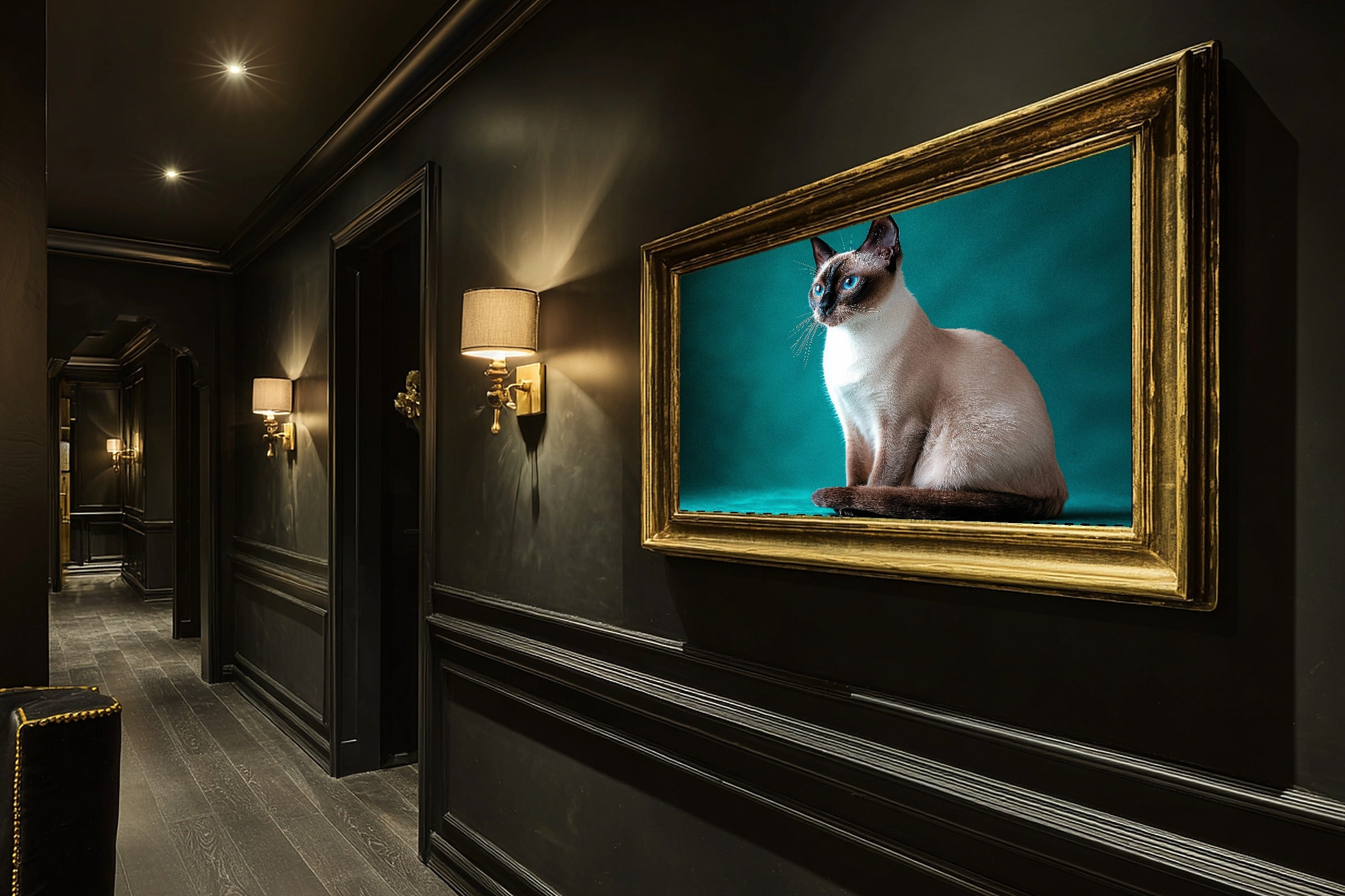Hand-picked Cat Portrait Siamese Giclée Print — Stunning Tender Oil-Painting for the Living Room, Ready-to-Hang Pet Lover in Your Life Gift — cat-portrait-siamese-hallway-wall-art.jpg