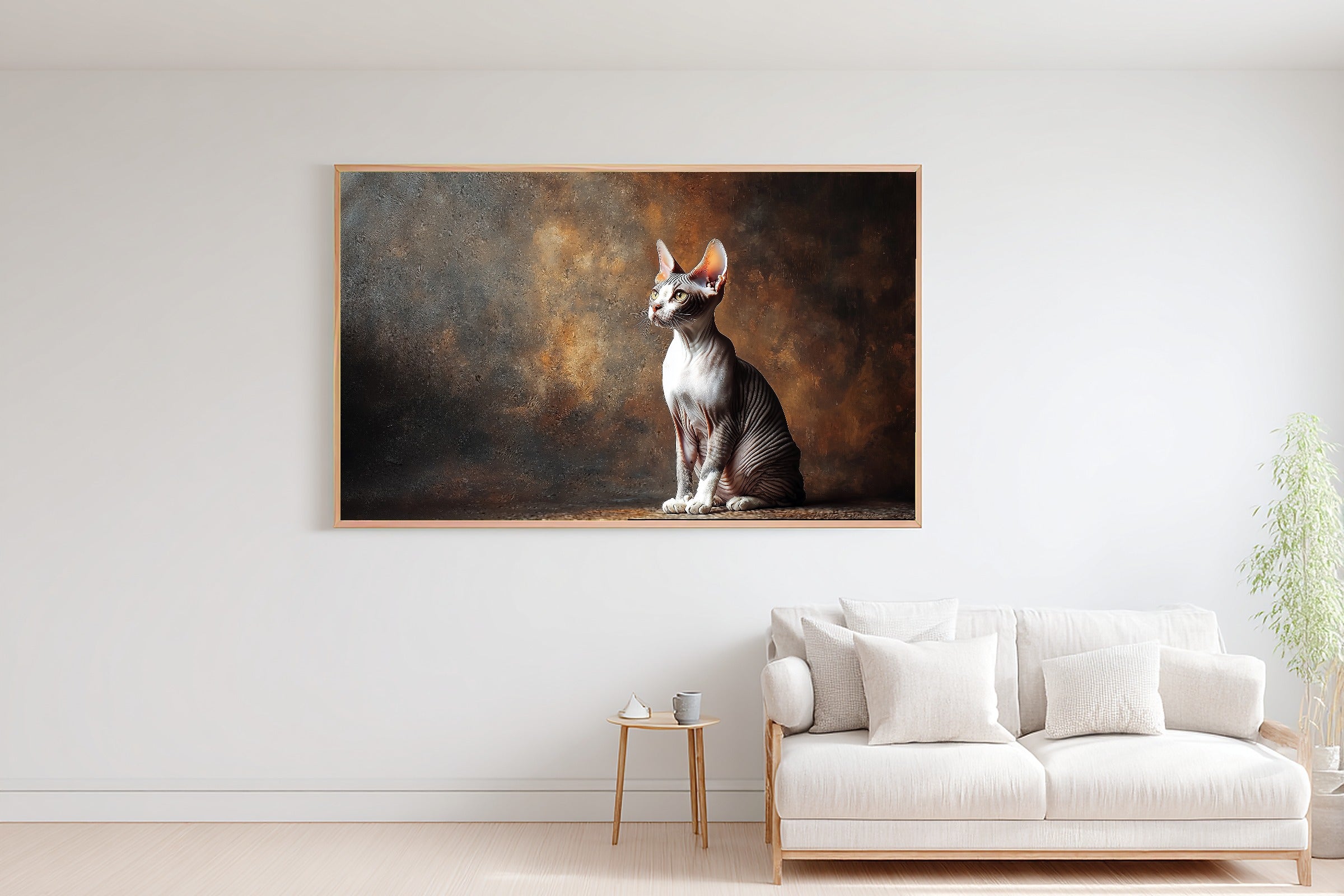 Soulful Painterly Cat Portrait Sphynx Art Print — Timeless Decor for the Living Room, Stretched Canvas the Pet Lover in Your Life Will Love — cat-portrait-sphynx-bedroom-wall-art.jpg