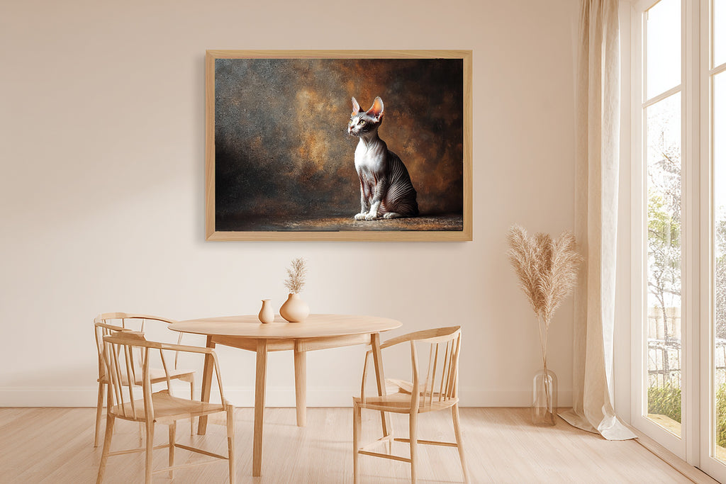 Soulful Painterly Cat Portrait Sphynx Art Print — Timeless Decor for the Living Room, Stretched Canvas the Pet Lover in Your Life Will Love — cat-portrait-sphynx-dining-room-wall-art.jpg