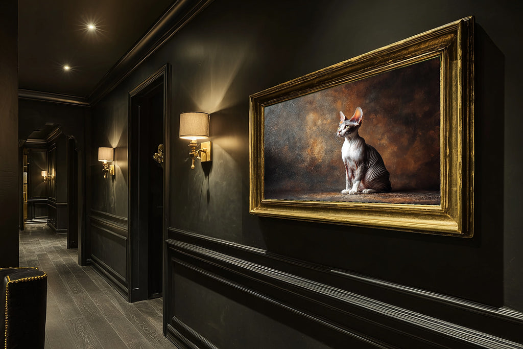 Soulful Painterly Cat Portrait Sphynx Art Print — Timeless Decor for the Living Room, Stretched Canvas the Pet Lover in Your Life Will Love — cat-portrait-sphynx-hallway-wall-art.jpg