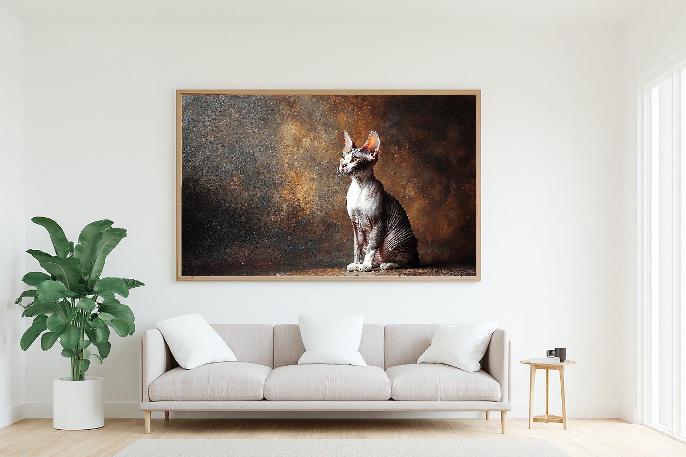 Soulful Painterly Cat Portrait Sphynx Art Print — Timeless Decor for the Living Room, Stretched Canvas the Pet Lover in Your Life Will Love — cat-portrait-sphynx-living-room-wall-art.jpg