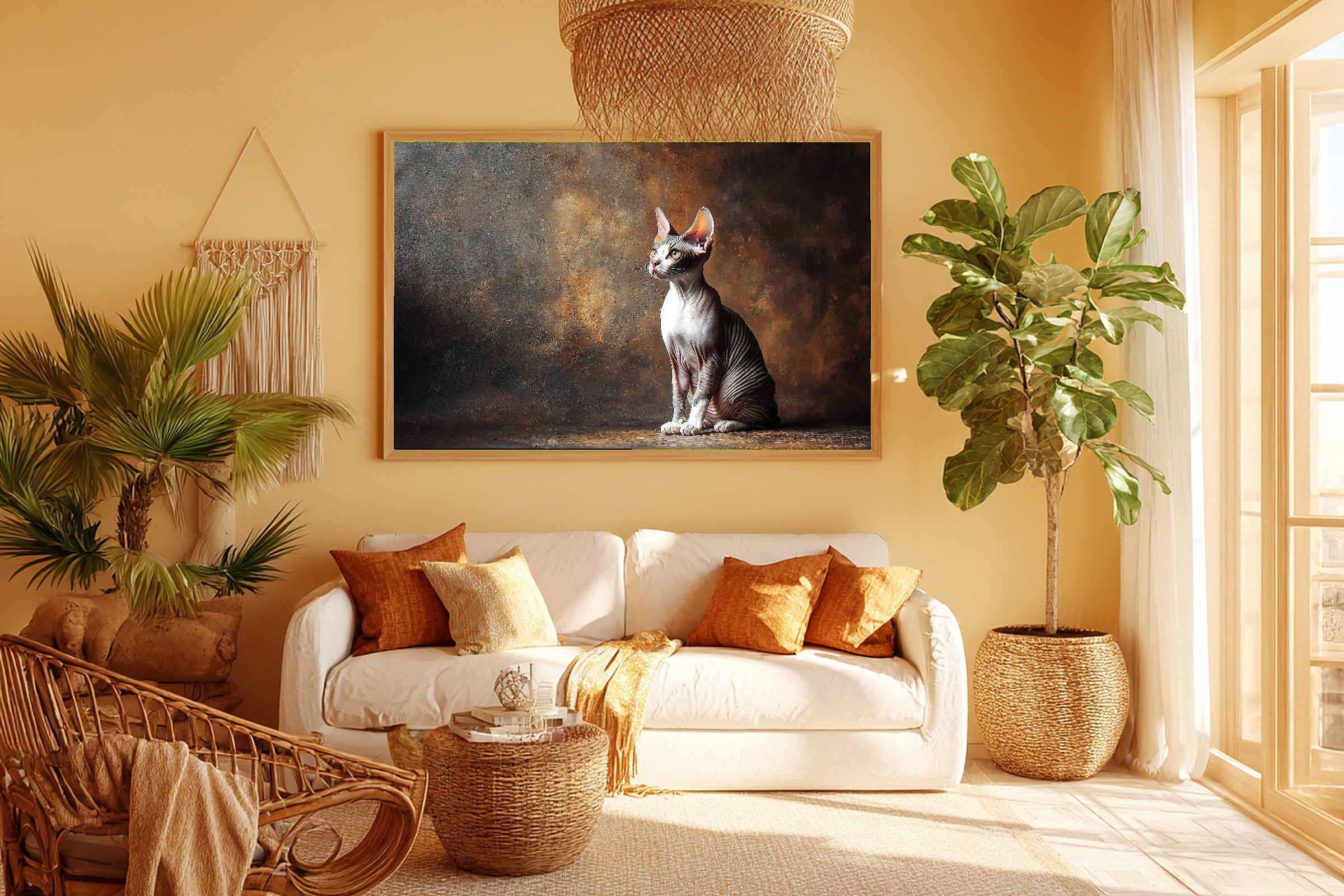 Soulful Painterly Cat Portrait Sphynx Art Print — Timeless Decor for the Living Room, Stretched Canvas the Pet Lover in Your Life Will Love — cat-portrait-sphynx-room-5-wall-art.jpg