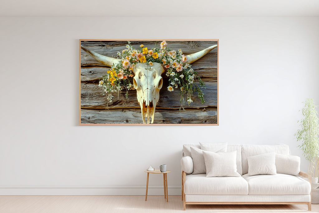 Cattle Skull Flowers Print on Stretched Canvas — Soulful Warm Meadow for the Reading Nook, Gift for the Plant Mom in Your Life — cattle-skull-flowers-bedroom-wall-art.jpg