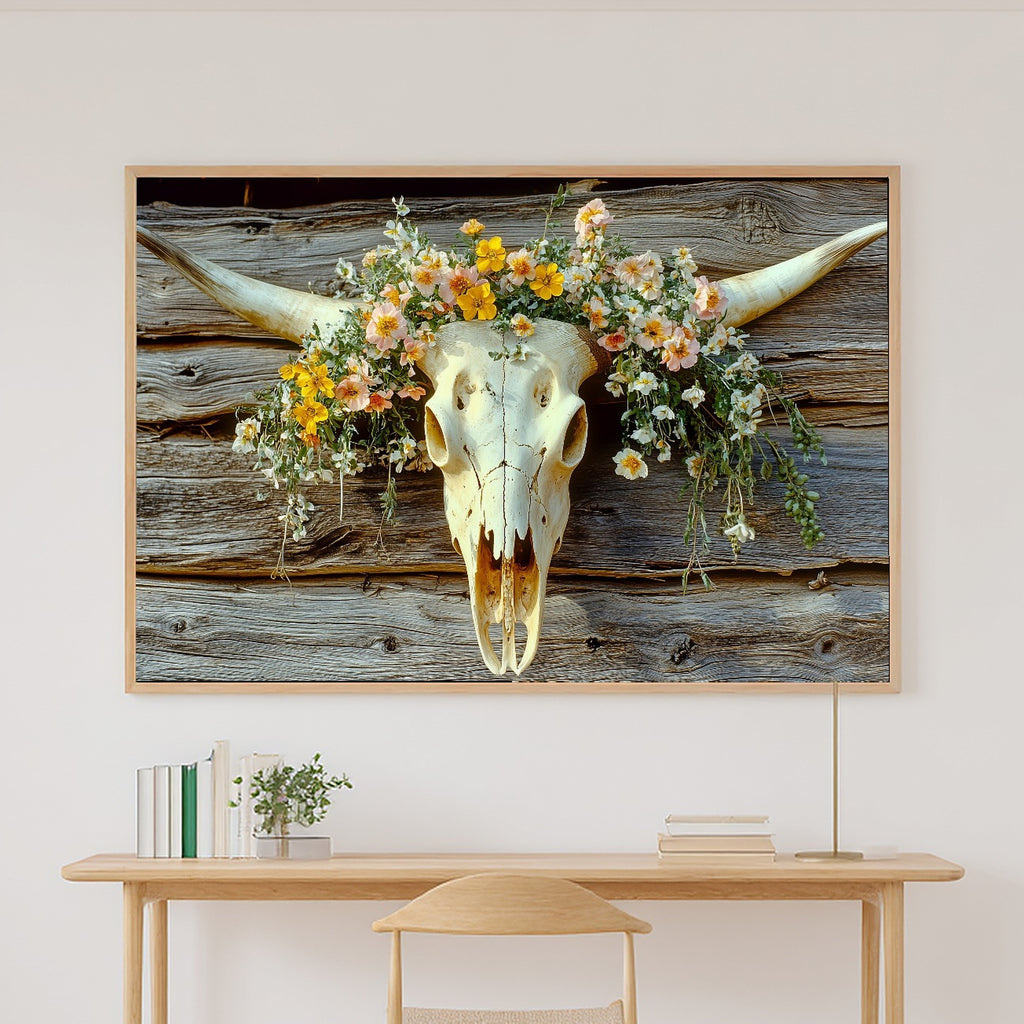Cattle Skull Flowers Print on Stretched Canvas — Soulful Warm Meadow for the Reading Nook, Gift for the Plant Mom in Your Life — cattle-skull-flowers-canvas-print.jpg