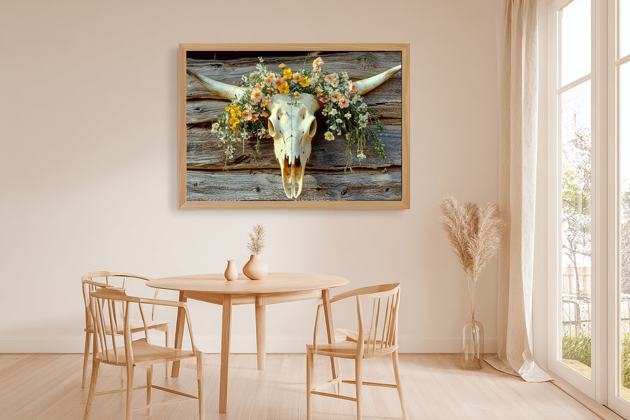 Cattle Skull Flowers Print on Stretched Canvas — Soulful Warm Meadow for the Reading Nook, Gift for the Plant Mom in Your Life — cattle-skull-flowers-dining-room-wall-art.jpg