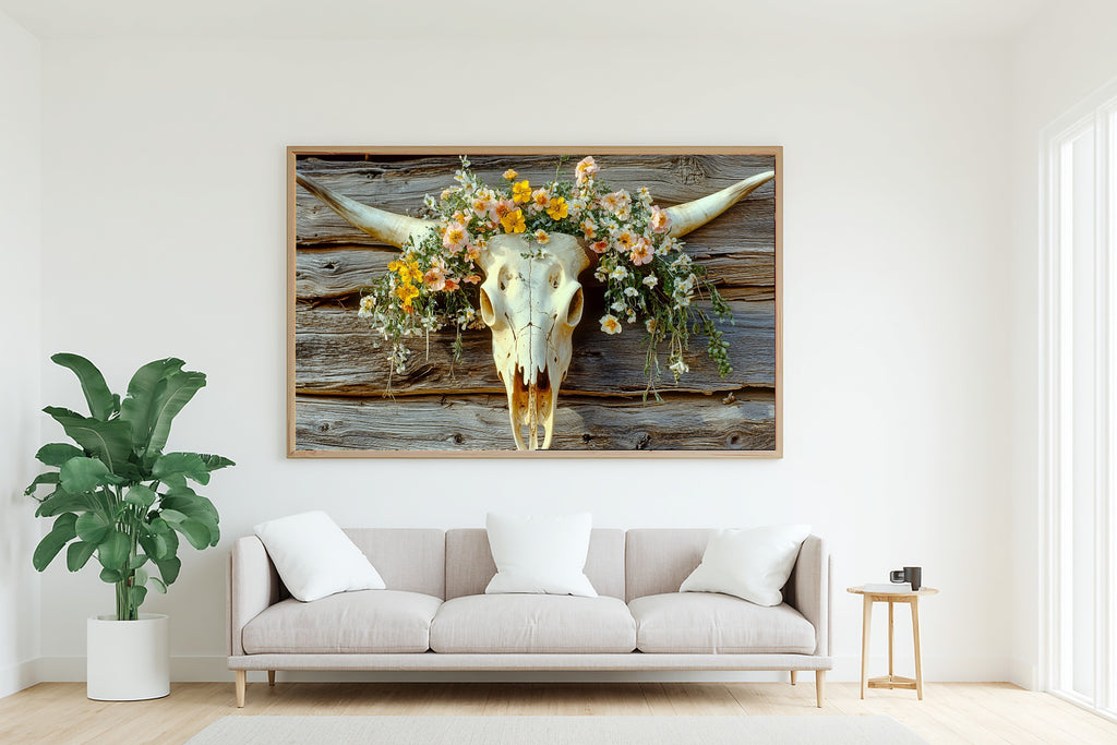Cattle Skull Flowers Print on Stretched Canvas — Soulful Warm Meadow for the Reading Nook, Gift for the Plant Mom in Your Life — cattle-skull-flowers-living-room-wall-art.jpg