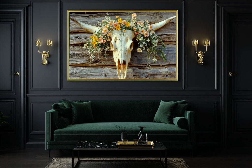 Cattle Skull Flowers Print on Stretched Canvas — Soulful Warm Meadow for the Reading Nook, Gift for the Plant Mom in Your Life — cattle-skull-flowers-office-wall-art.jpg