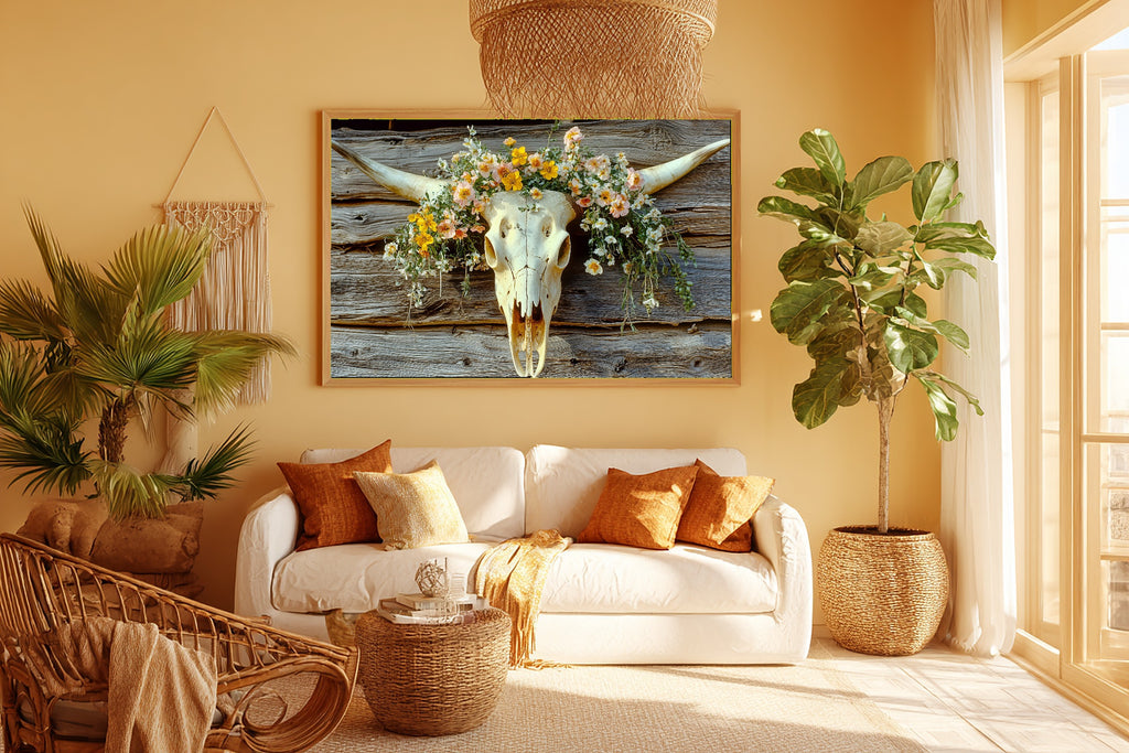 Cattle Skull Flowers Print on Stretched Canvas — Soulful Warm Meadow for the Reading Nook, Gift for the Plant Mom in Your Life — cattle-skull-flowers-room-5-wall-art.jpg