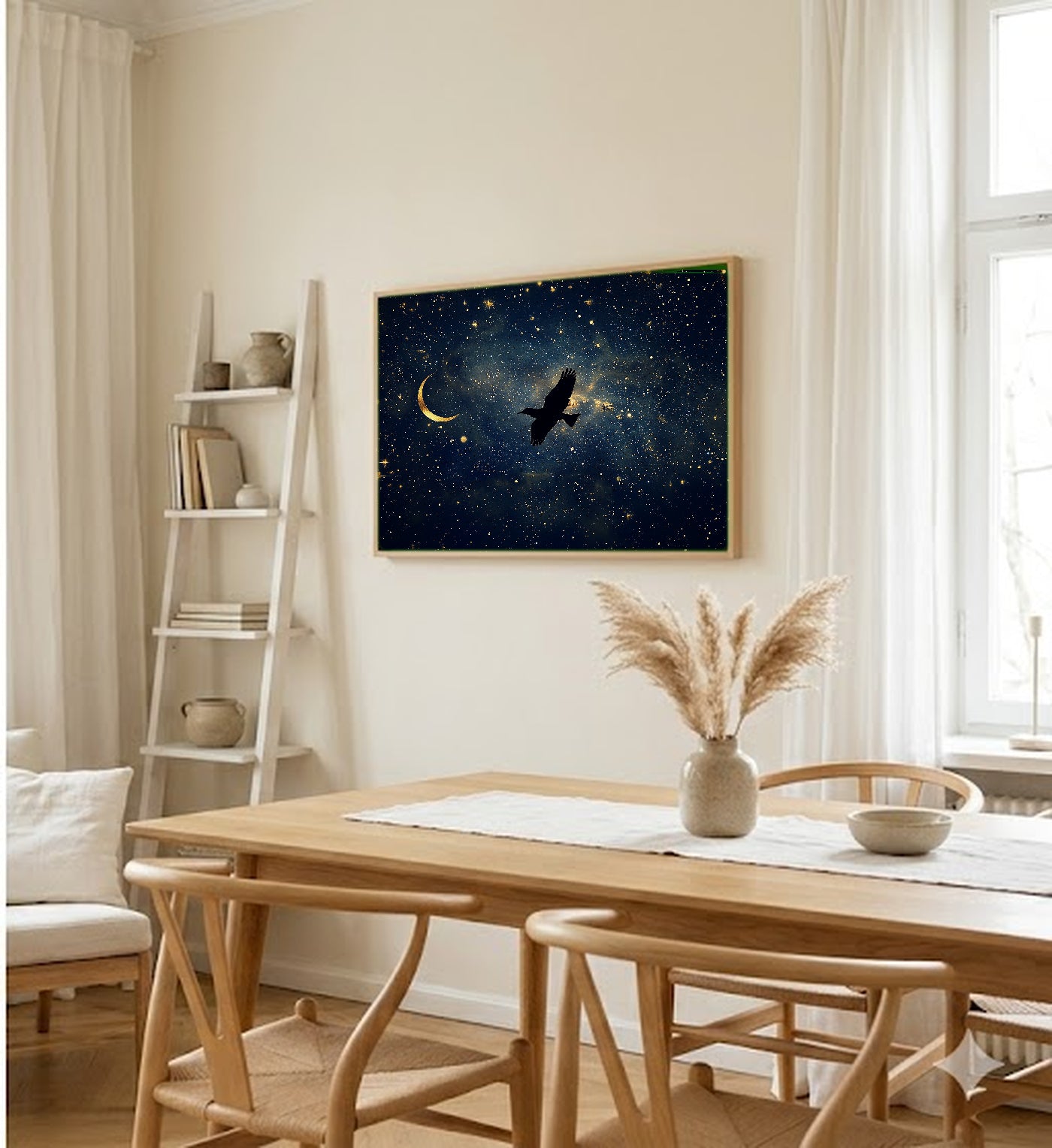 Celestial Bird Canvas Wall Art | Starlit Flight Print, Mystical Nursery Decor, Stretched Canvas — celestial-bird-flight-dining-room-wall-art.jpg