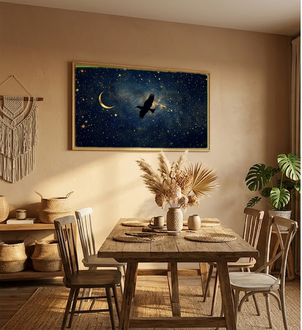 Celestial Bird Canvas Wall Art | Starlit Flight Print, Mystical Nursery Decor, Stretched Canvas — celestial-bird-flight-hallway-wall-art.jpg