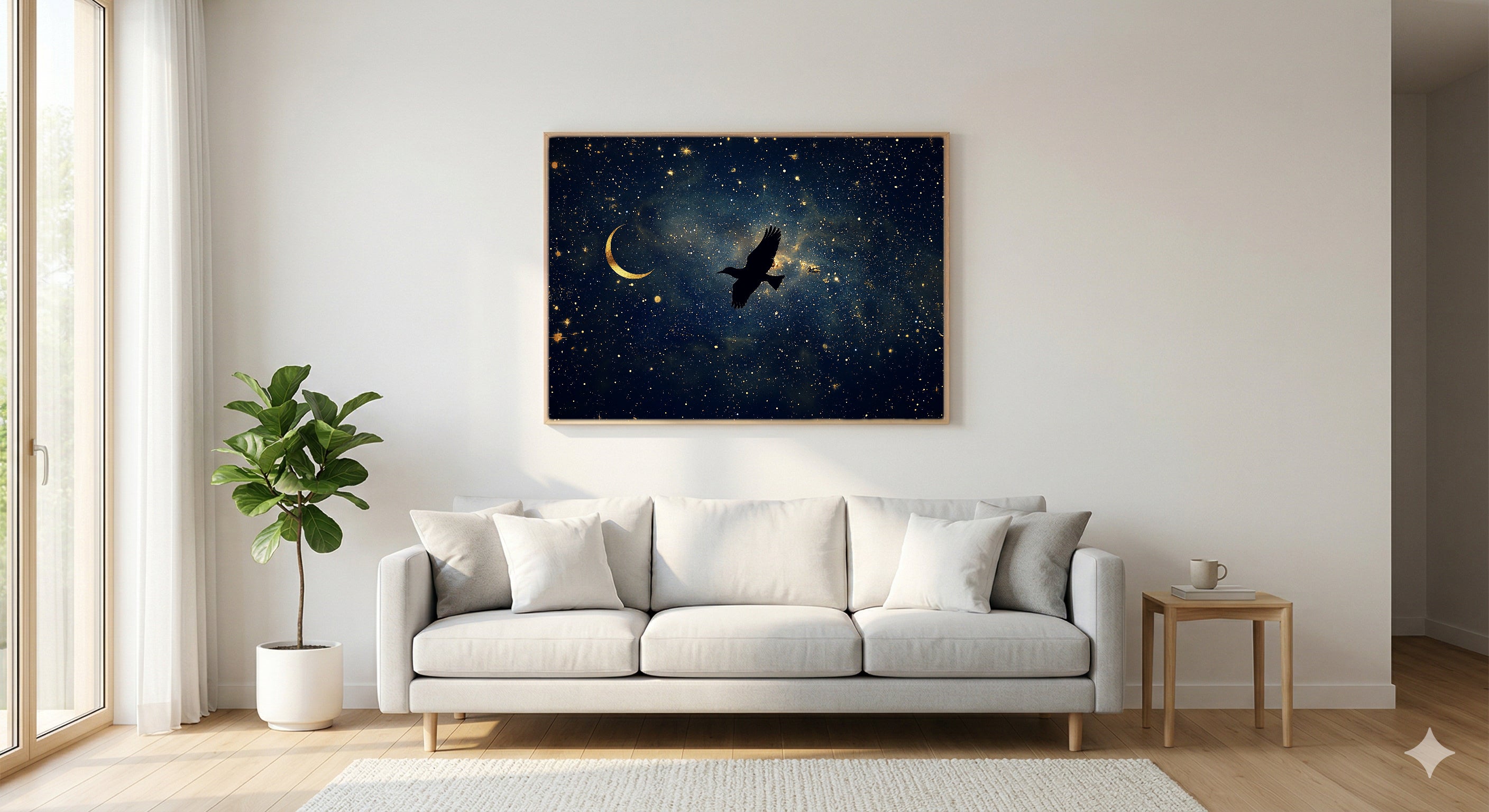 Celestial Bird Canvas Wall Art | Starlit Flight Print, Mystical Nursery Decor, Stretched Canvas — celestial-bird-flight-living-room-wall-art.jpg