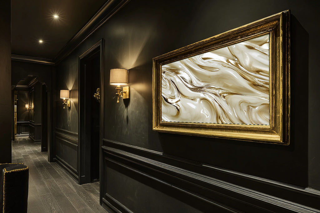 Champagne Bronze Flow Print on Stretched Canvas — Heartfelt Gilded Painterly for the Home Office, Gift for the Modern-Home Friend — champagne-bronze-flow-hallway-wall-art.jpg