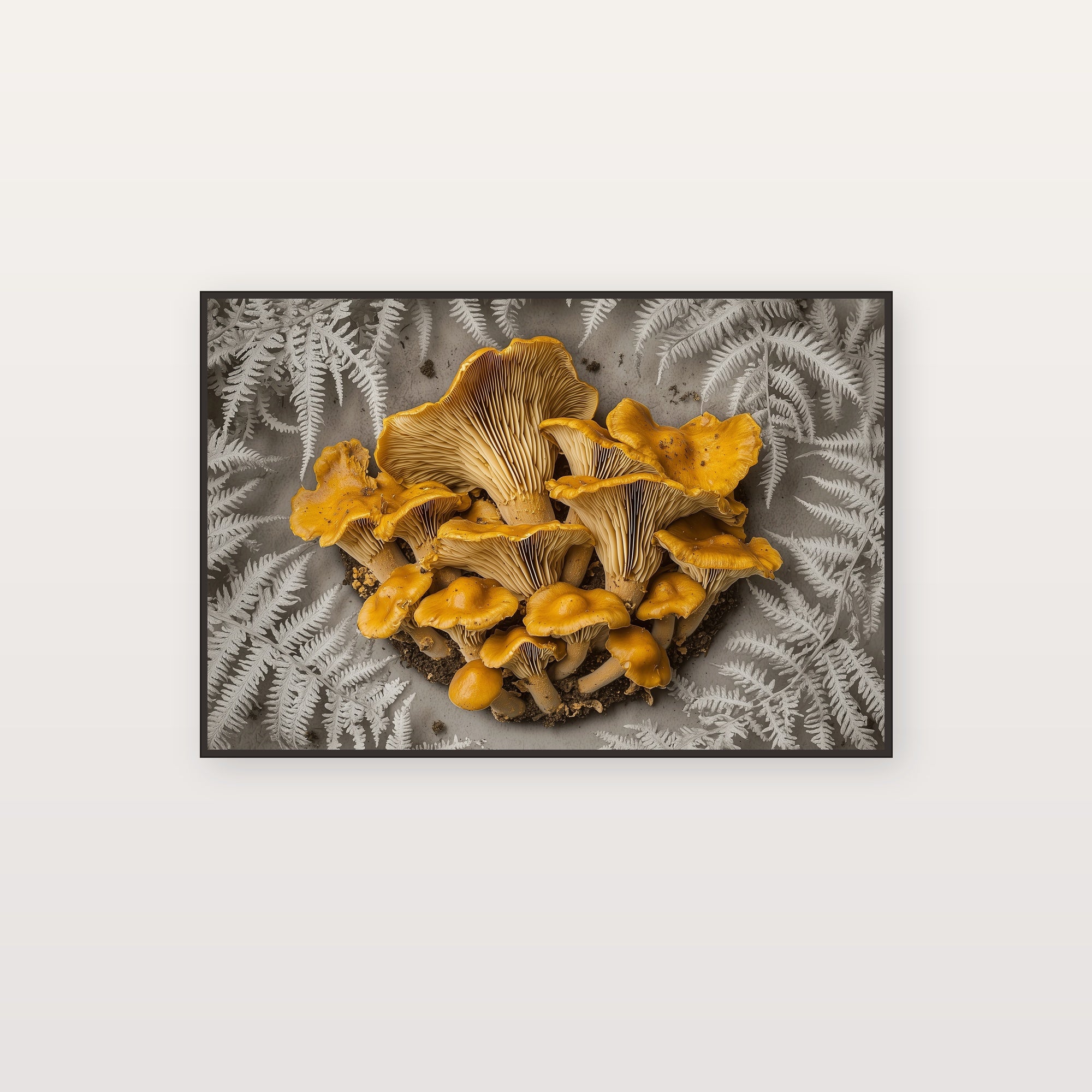 Chanterelle Mushroom Canvas Wall Art | Dark Academia Botanical Print, Vintage Foraging Decor, Stretched Canvas — chanterelle-fern-oval-botanical-canvas-print.jpg