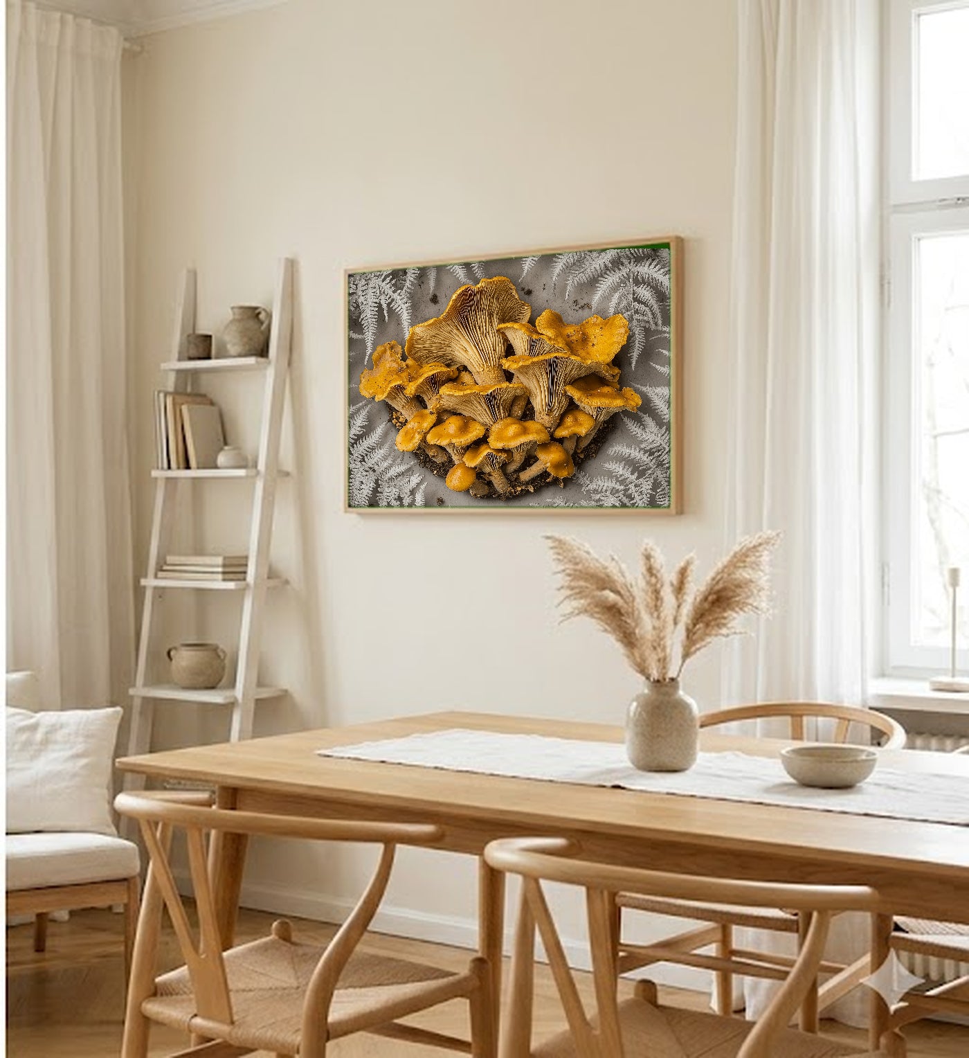 Chanterelle Mushroom Canvas Wall Art | Dark Academia Botanical Print, Vintage Foraging Decor, Stretched Canvas — chanterelle-fern-oval-botanical-dining-room-wall-art.jpg