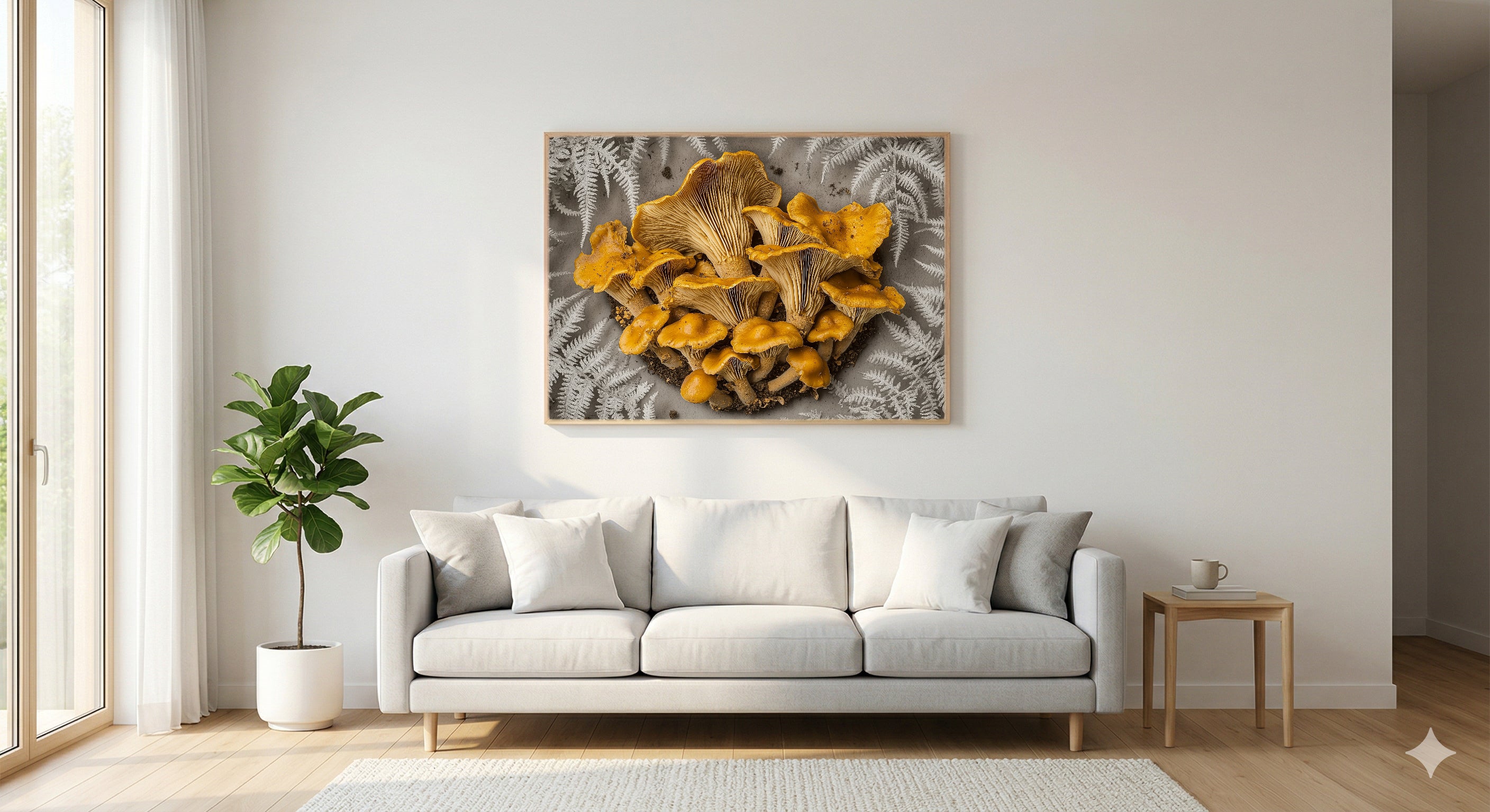 Chanterelle Mushroom Canvas Wall Art | Dark Academia Botanical Print, Vintage Foraging Decor, Stretched Canvas — chanterelle-fern-oval-botanical-living-room-wall-art.jpg