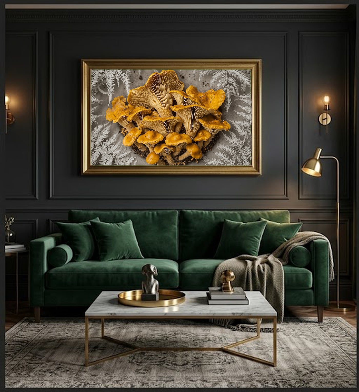 Chanterelle Mushroom Canvas Wall Art | Dark Academia Botanical Print, Vintage Foraging Decor, Stretched Canvas — chanterelle-fern-oval-botanical-office-wall-art.jpg