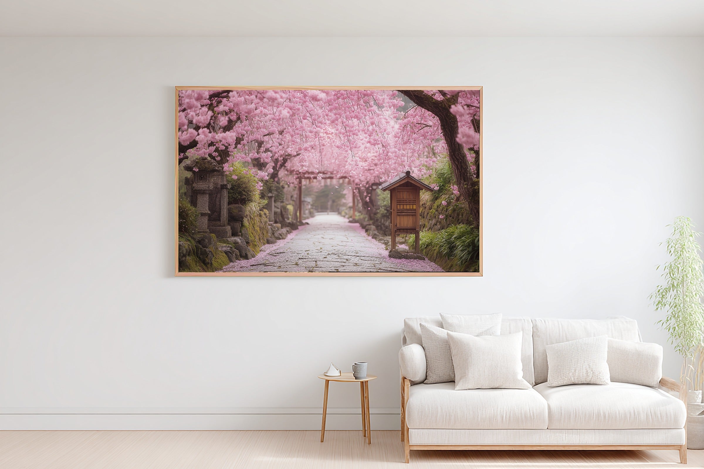 A Dreamy Cherry Blossom Kyoto Path Misty Bamboo Print — Stunning Wall Art for the Meditation Room, Giclée on Canvas — cherry-blossom-kyoto-path-bedroom-wall-art.jpg