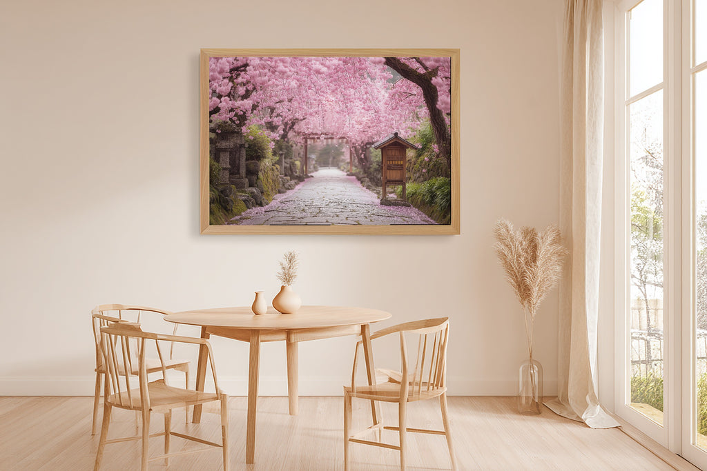 A Dreamy Cherry Blossom Kyoto Path Misty Bamboo Print — Stunning Wall Art for the Meditation Room, Giclée on Canvas — cherry-blossom-kyoto-path-dining-room-wall-art.jpg