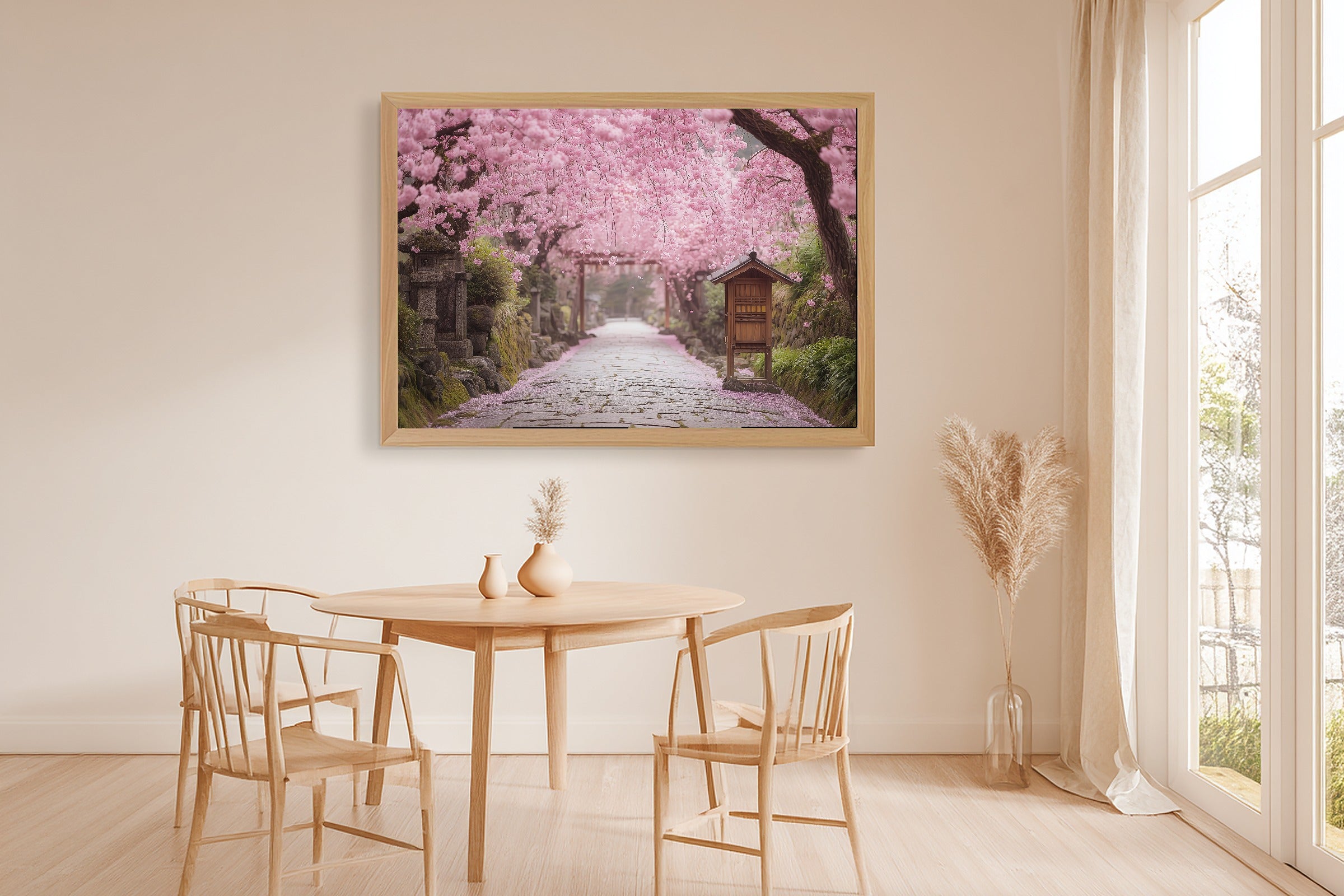 A Dreamy Cherry Blossom Kyoto Path Misty Bamboo Print — Stunning Wall Art for the Meditation Room, Giclée on Canvas — cherry-blossom-kyoto-path-dining-room-wall-art.jpg
