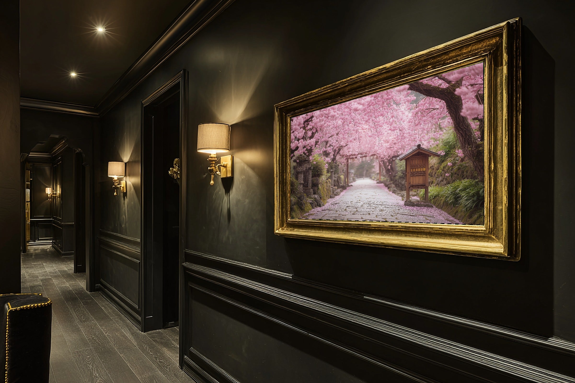 A Dreamy Cherry Blossom Kyoto Path Misty Bamboo Print — Stunning Wall Art for the Meditation Room, Giclée on Canvas — cherry-blossom-kyoto-path-hallway-wall-art.jpg