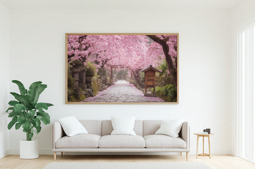 A Dreamy Cherry Blossom Kyoto Path Misty Bamboo Print — Stunning Wall Art for the Meditation Room, Giclée on Canvas — cherry-blossom-kyoto-path-living-room-wall-art.jpg