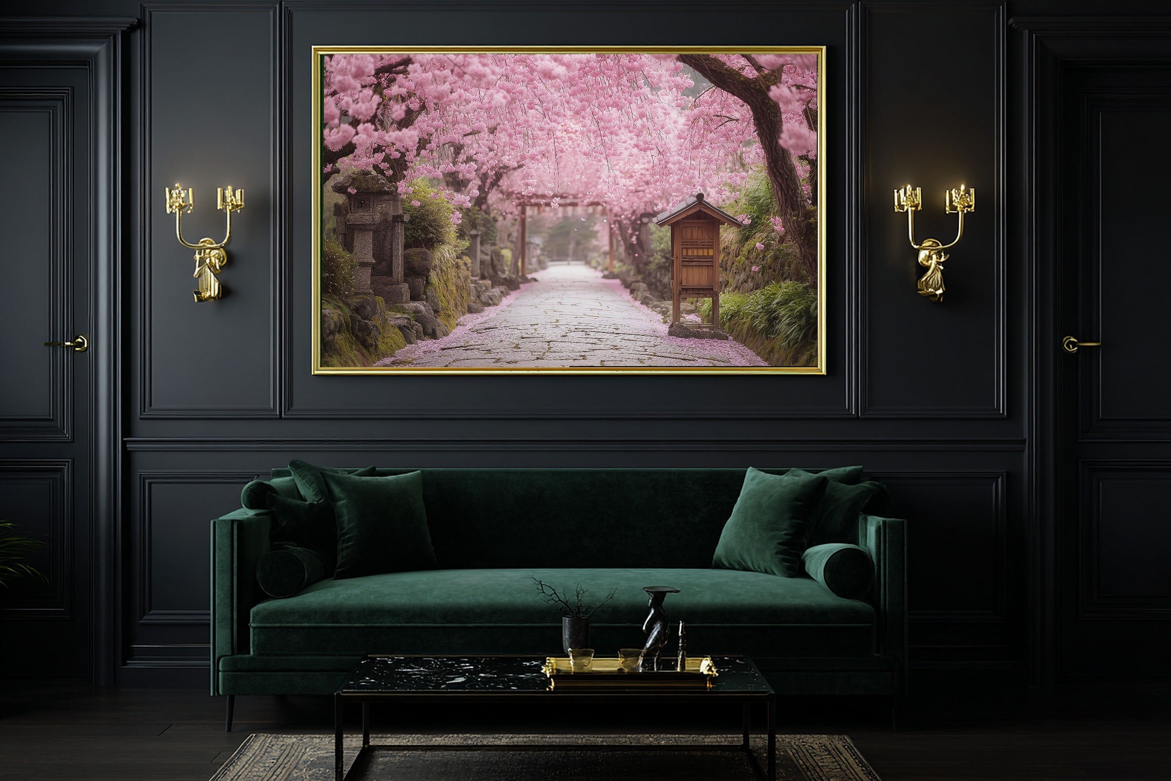 A Dreamy Cherry Blossom Kyoto Path Misty Bamboo Print — Stunning Wall Art for the Meditation Room, Giclée on Canvas — cherry-blossom-kyoto-path-office-wall-art.jpg