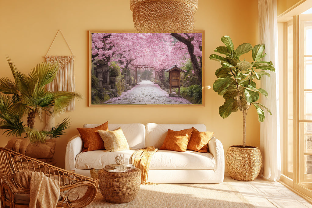 A Dreamy Cherry Blossom Kyoto Path Misty Bamboo Print — Stunning Wall Art for the Meditation Room, Giclée on Canvas — cherry-blossom-kyoto-path-room-5-wall-art.jpg
