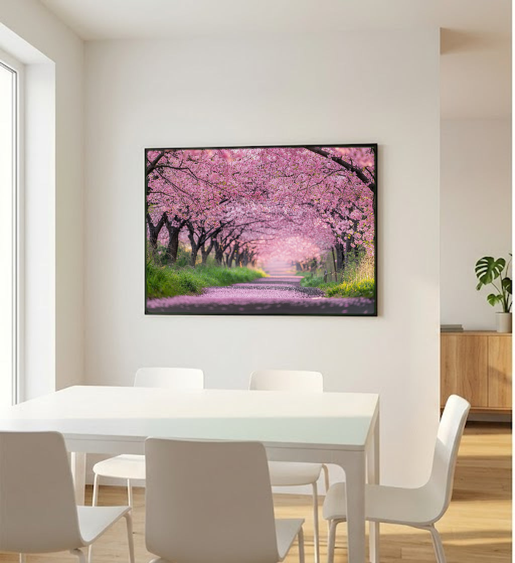 Cherry Blossom Path Canvas Wall Art | Japanese Sakura Print, Spring Decor, Asian Botanical, Stretched Canvas — cherry-blossom-path-bedroom-wall-art.jpg