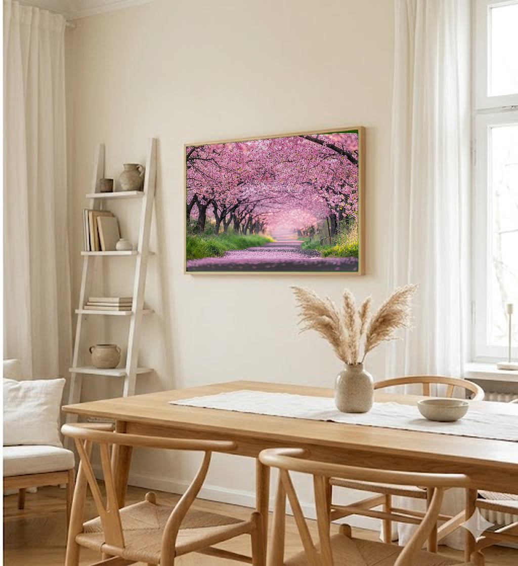 Cherry Blossom Path Canvas Wall Art | Japanese Sakura Print, Spring Decor, Asian Botanical, Stretched Canvas — cherry-blossom-path-dining-room-wall-art.jpg